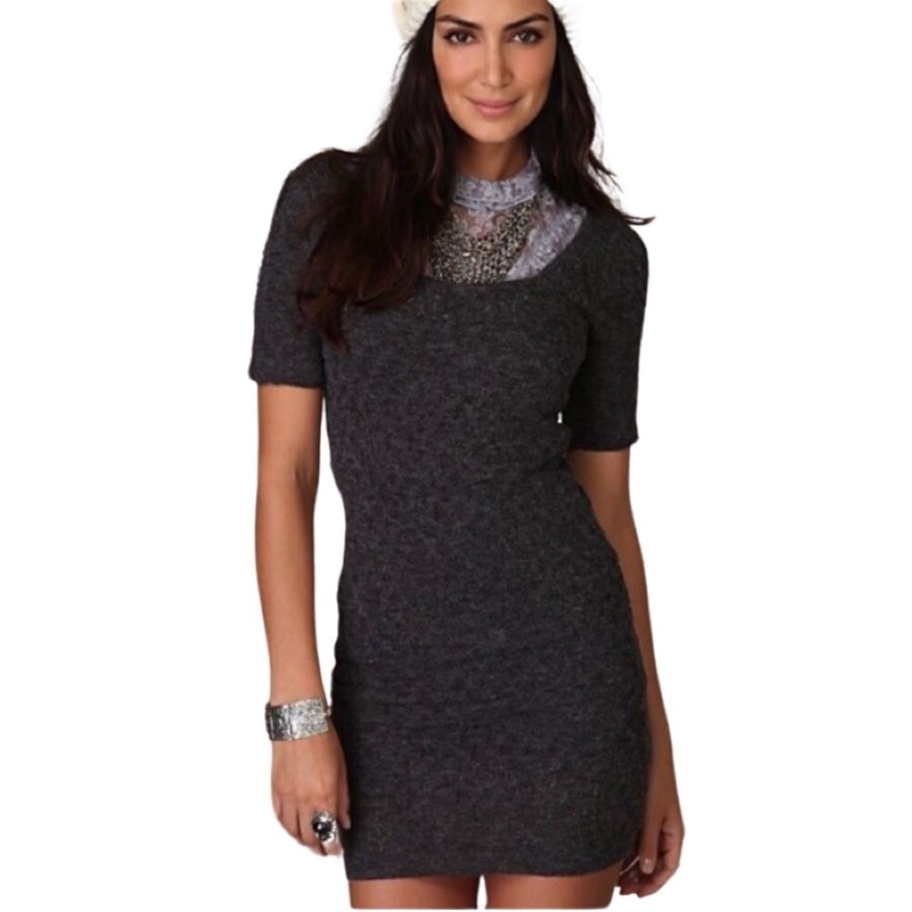 FREE PEOPLE Puff Sleeve Bloucle Knit Sweater Mini Dress